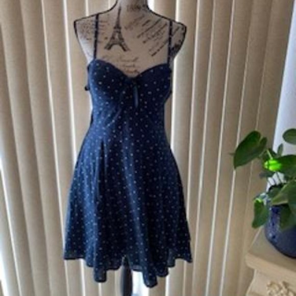 Blue/White Polka Dot Open Back A-Line Skirt Dress
